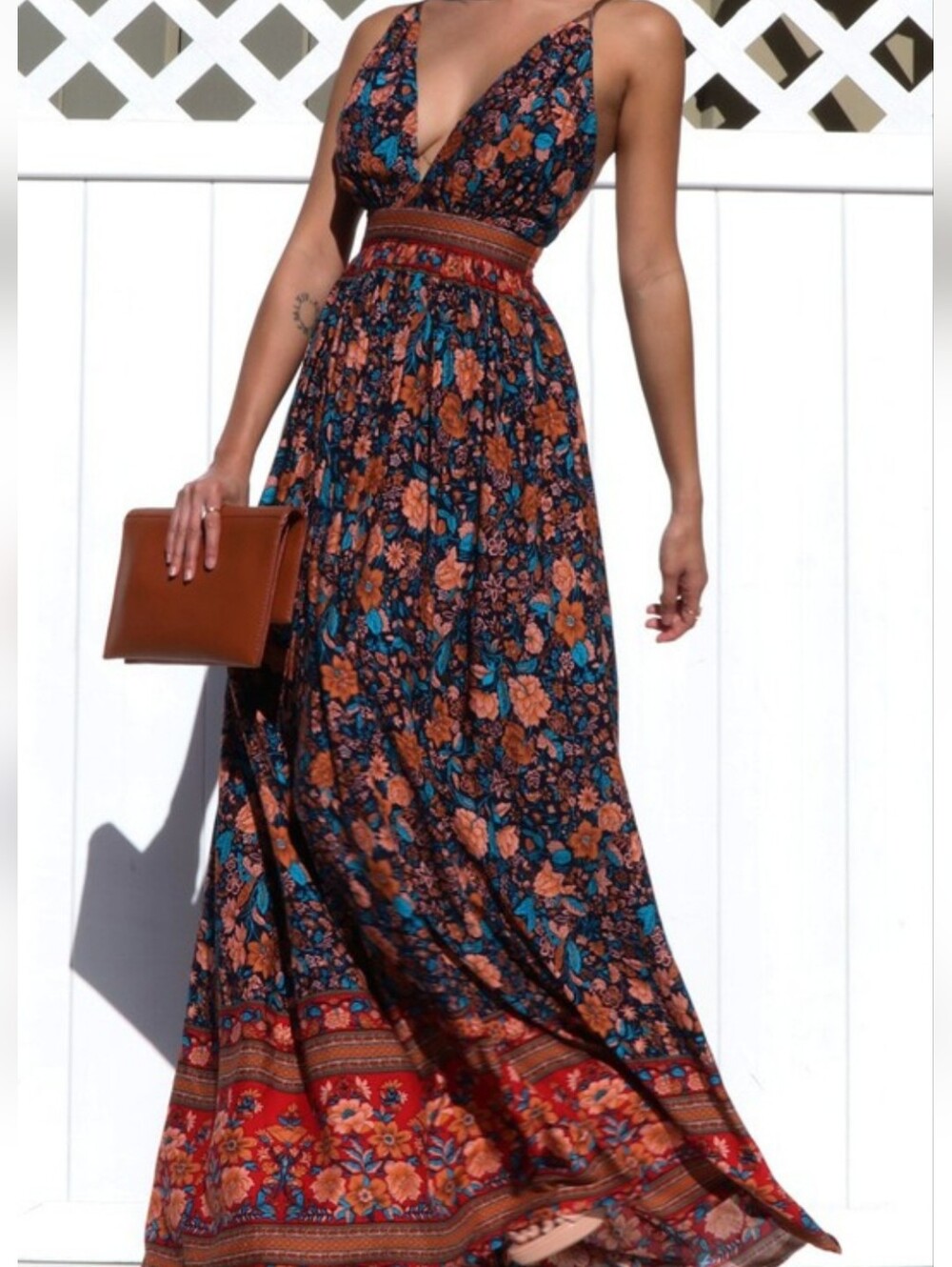 Bohemian Floral Maxi Dress in Navy and Rust NWT
